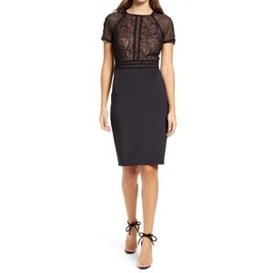 Tadashi Shoji Black Embroidered Lace Sheath Dress w/ Mesh Sleeves  Ladder Trim 8